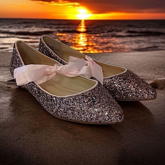 Betsey Johnson Glittery Ballet Flats 6M Lia Balletcore Bow Tie Romantic Coquette - Picture 16 of 16